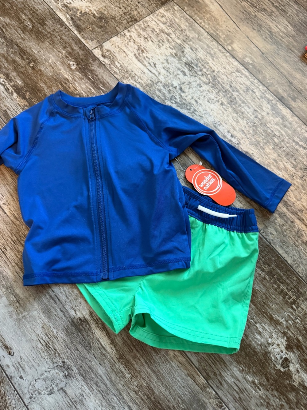 wonder nation Blue Zip-Front Rash Guard with Green Swim Shorts